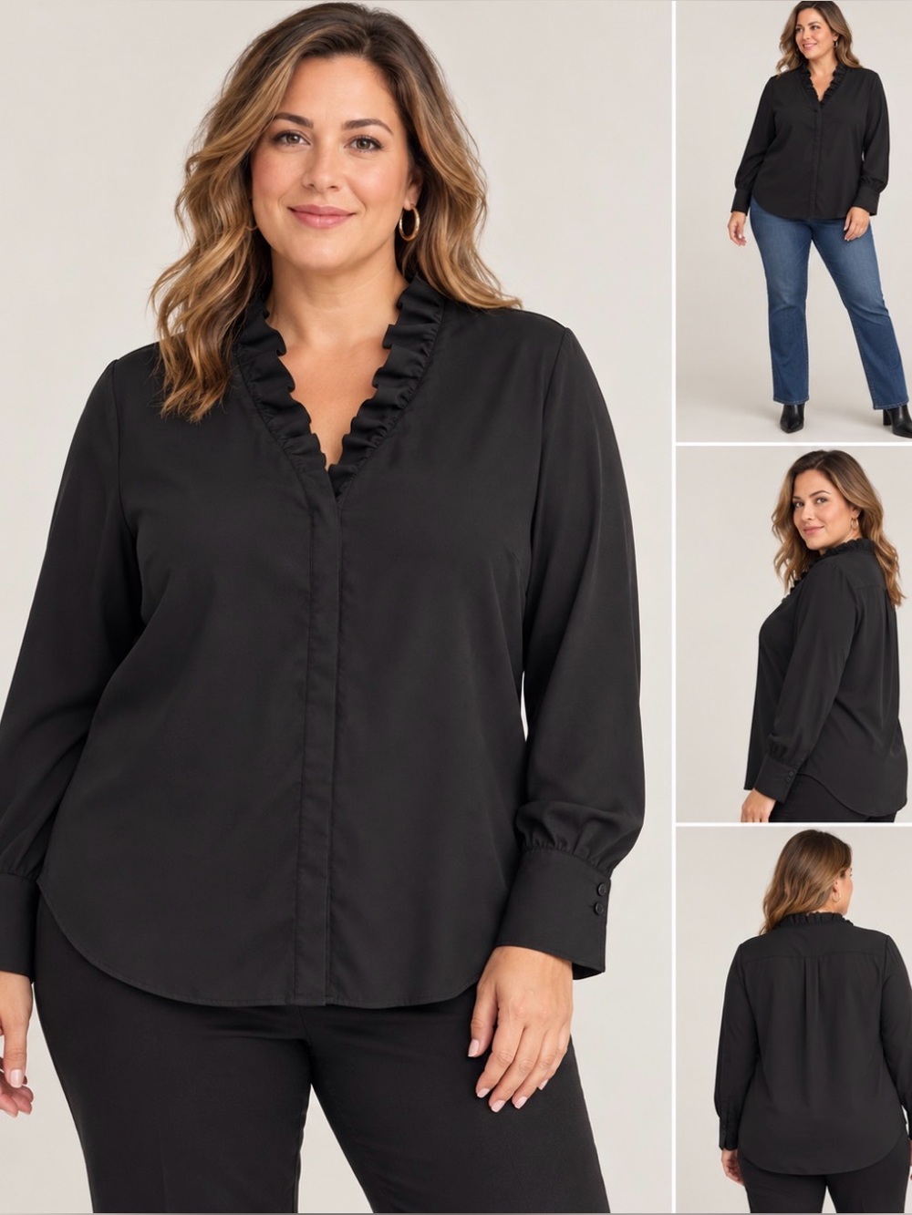 Chico’s Black Ruffle-Neck Button-Front Blouse – Size 16 Petite